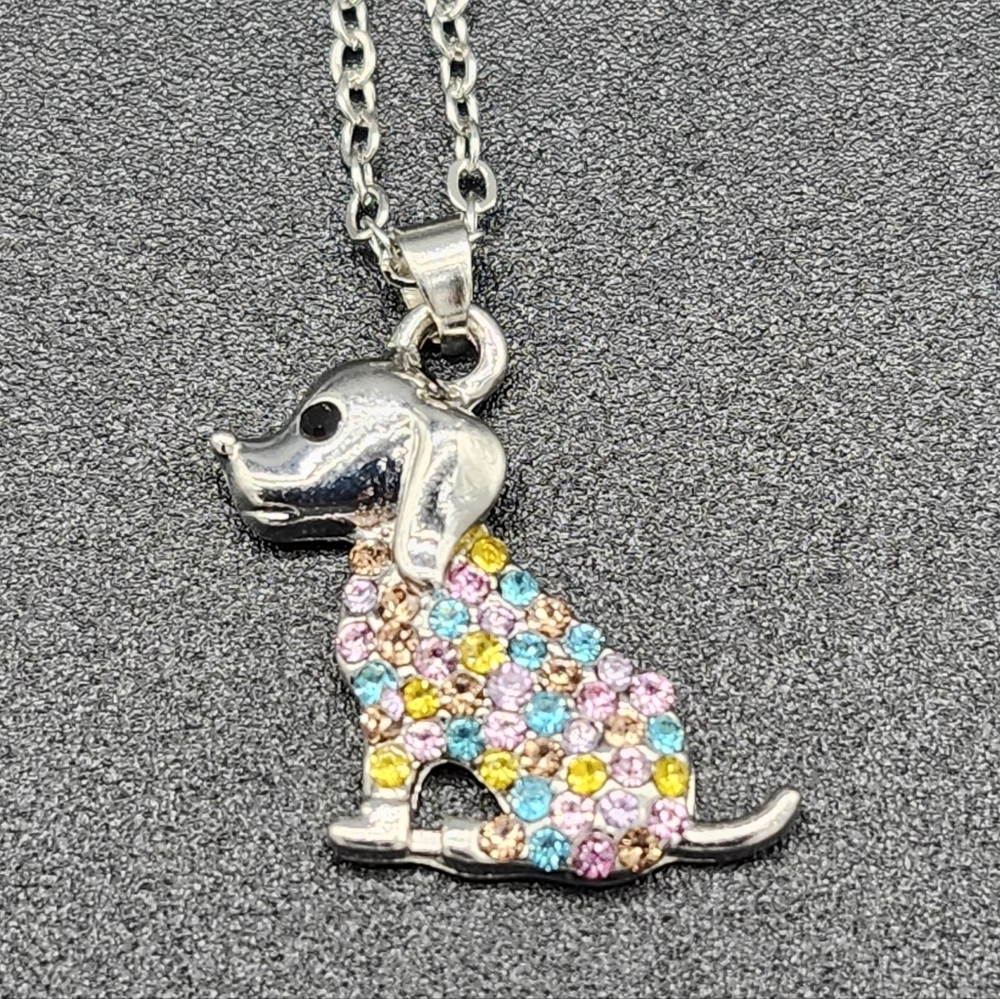 🩷 3/$15 Colorful Dog Pendant Necklace With Blue, Pink & Yellow Crystals NWOT